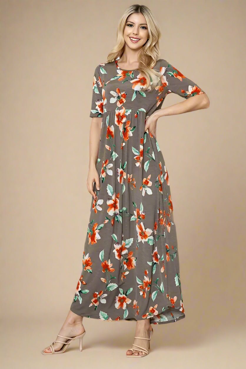 BOMBOM - Charcoal & Red Floral Maxi Dress