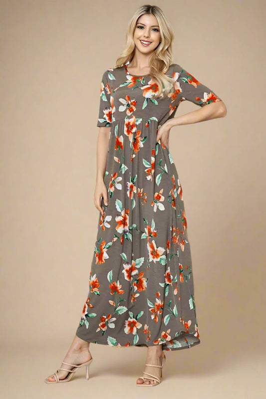 BOMBOM - Charcoal & Red Floral Maxi Dress