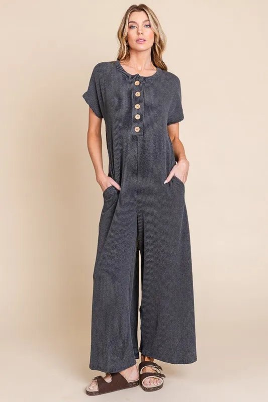 BOMBOM - Charcoal Ribbed Jumpsuit – Wooden Button Front & Pockets