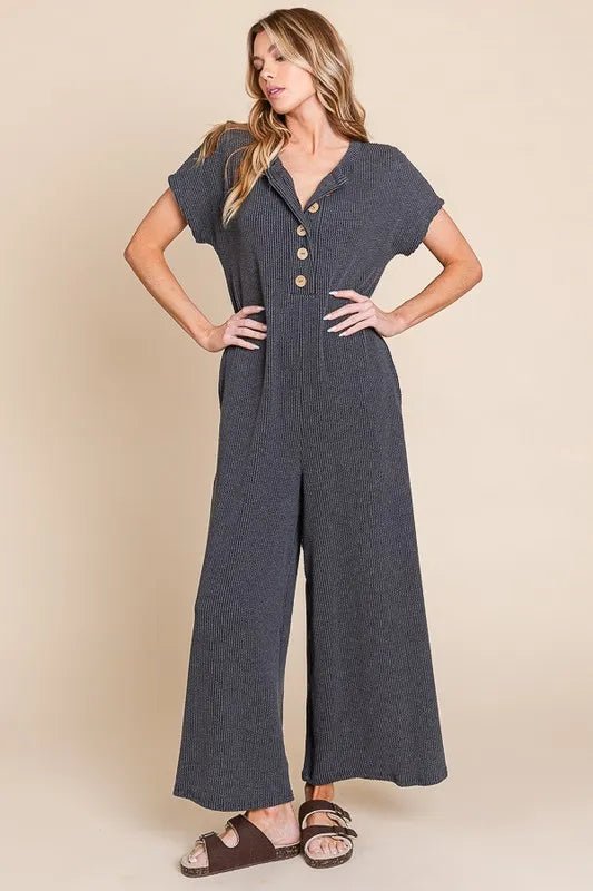 BOMBOM - Charcoal Ribbed Jumpsuit – Wooden Button Front & Pockets