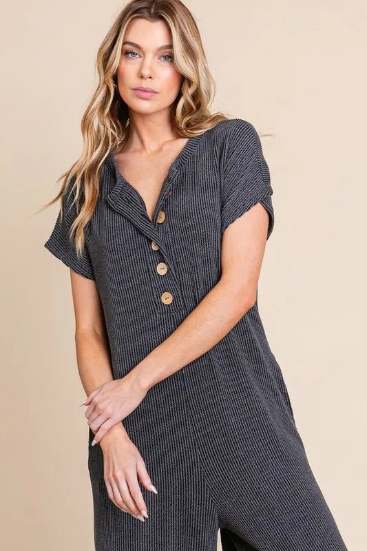 BOMBOM - Charcoal Ribbed Jumpsuit – Wooden Button Front & Pockets