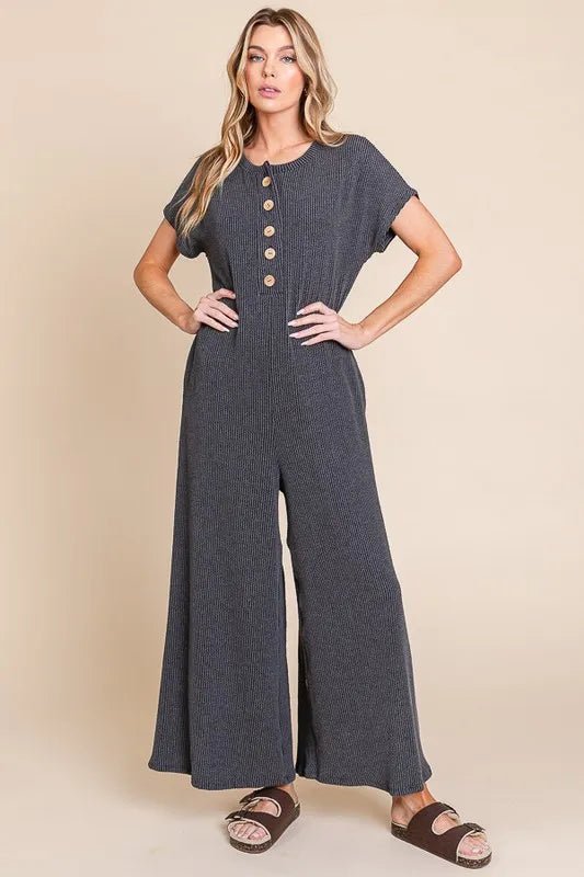 BOMBOM - Charcoal Ribbed Jumpsuit – Wooden Button Front & Pockets
