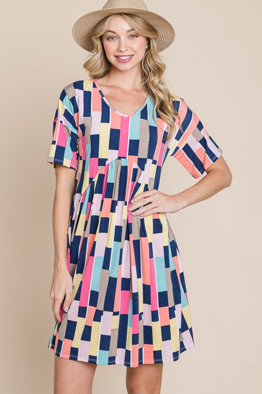 BOMBOM - Color Block Short Sleeve Mini Dress