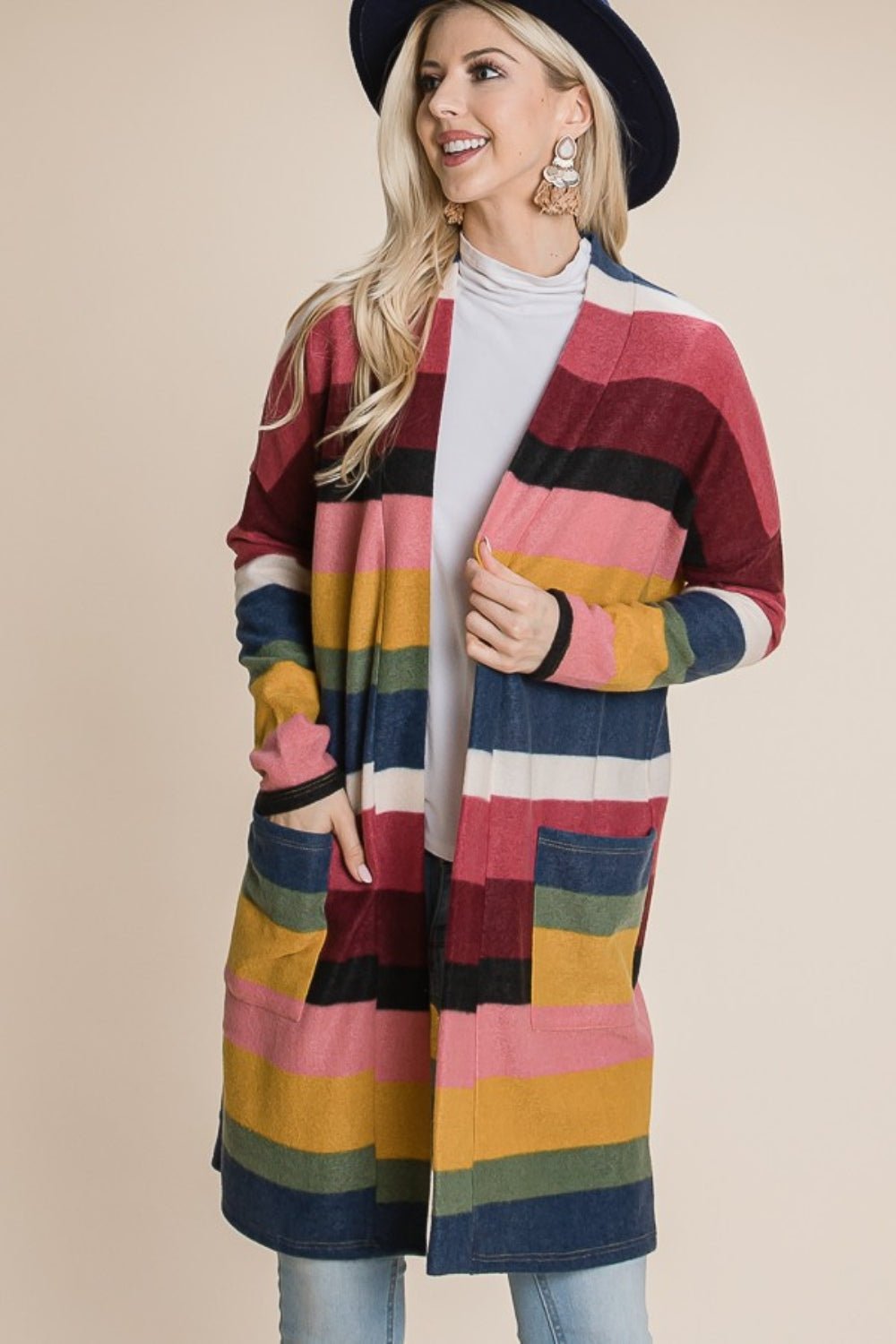 BOMBOM - Color Block Striped Open Front Cardigan