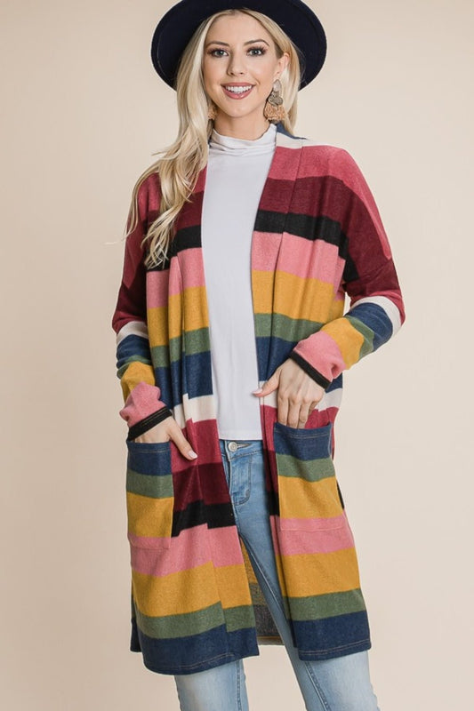 BOMBOM - Color Block Striped Open Front Cardigan