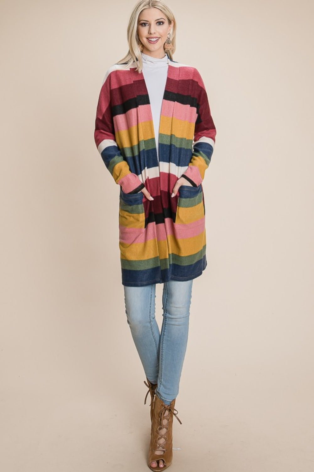 BOMBOM - Color Block Striped Open Front Cardigan