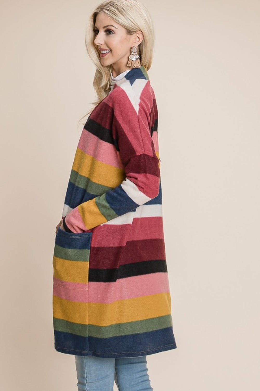 BOMBOM - Color Block Striped Open Front Cardigan