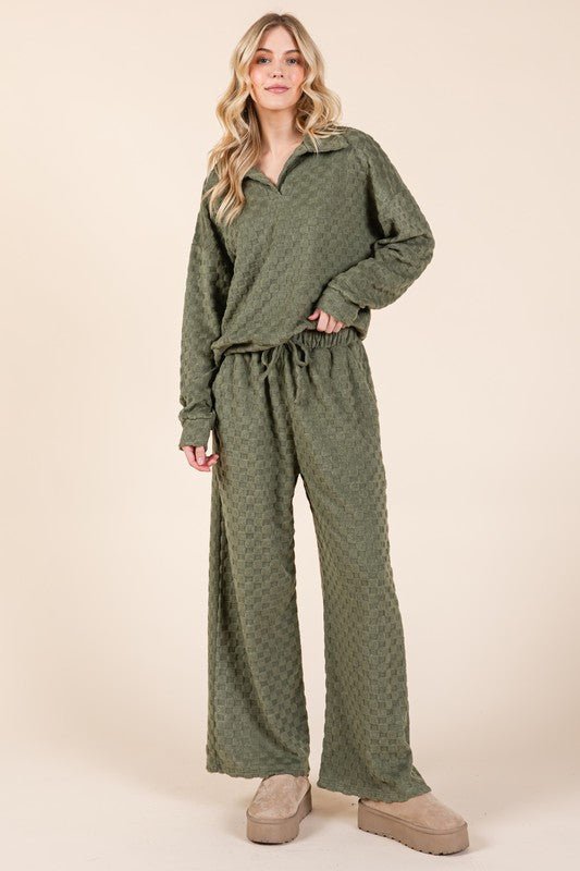 BOMBOM - Drawstring Waist Wide Leg Pants in Checkered Moss