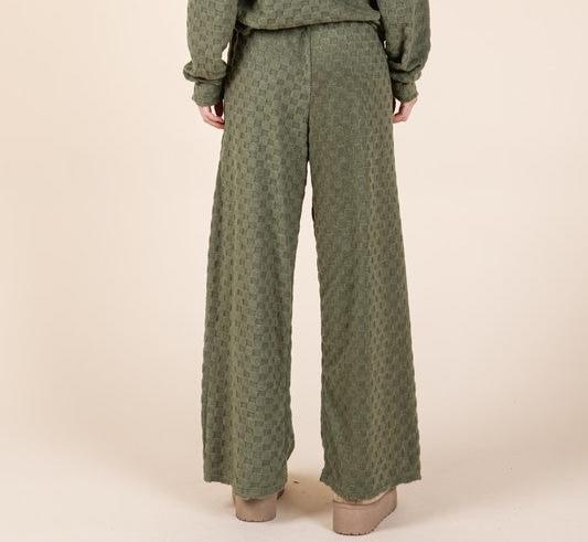 BOMBOM - Drawstring Waist Wide Leg Pants in Checkered Moss