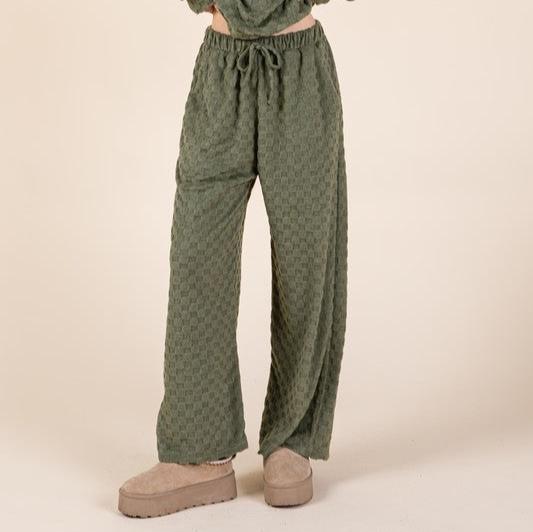 BOMBOM - Drawstring Waist Wide Leg Pants in Checkered Moss