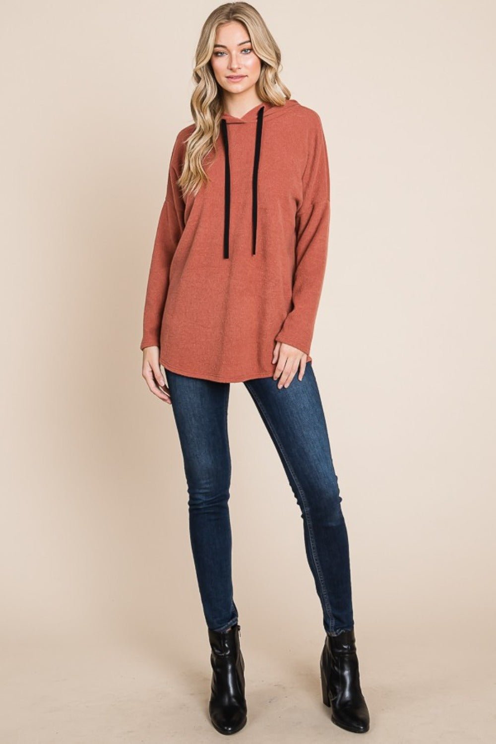 BOMBOM - Drop Shoulder Knit Hoodie in Brick