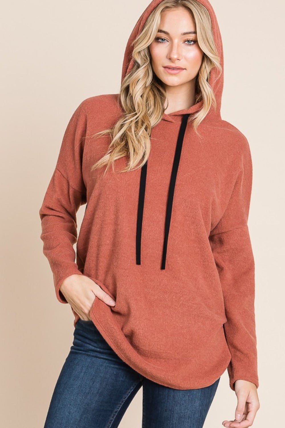 BOMBOM - Drop Shoulder Knit Hoodie in Brick