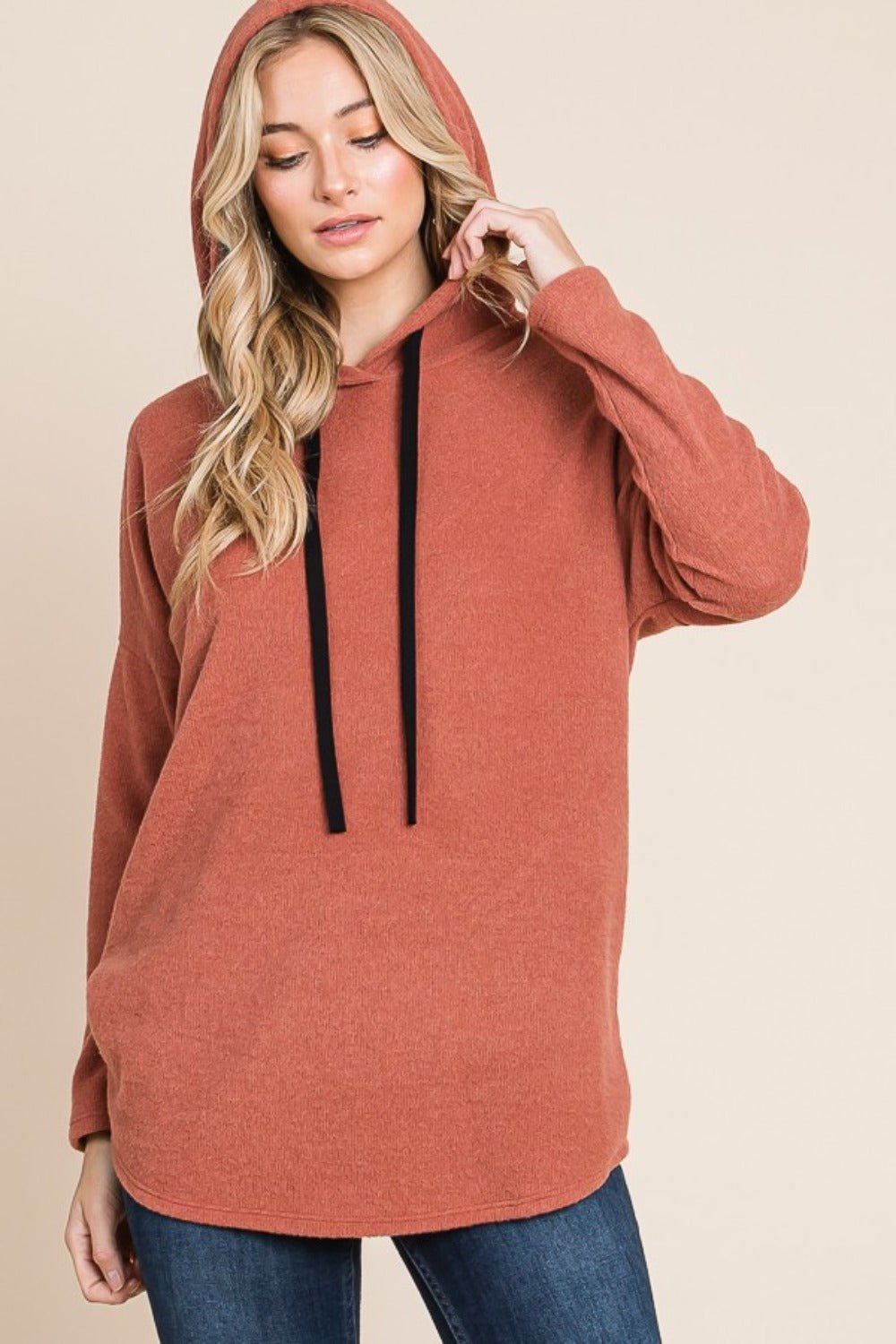 BOMBOM - Drop Shoulder Knit Hoodie in Brick