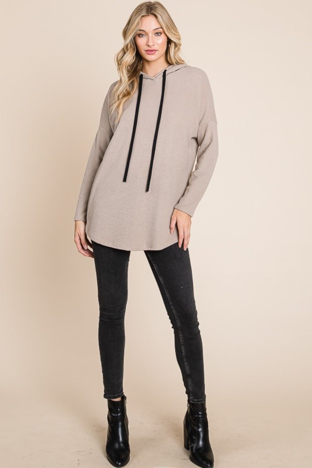 BOMBOM - Drop Shoulder Knit Hoodie in Taupe