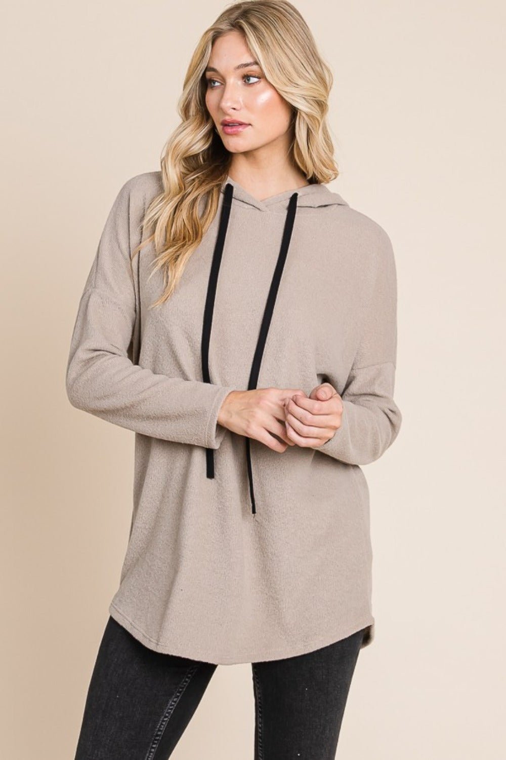 BOMBOM - Drop Shoulder Knit Hoodie in Taupe