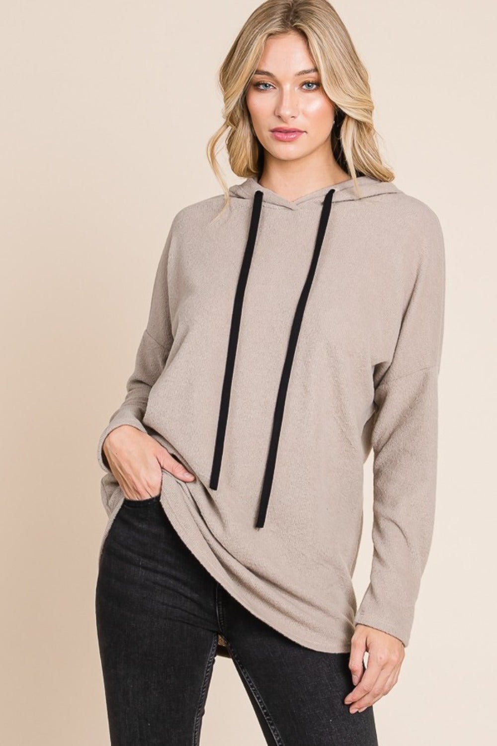 BOMBOM - Drop Shoulder Knit Hoodie in Taupe