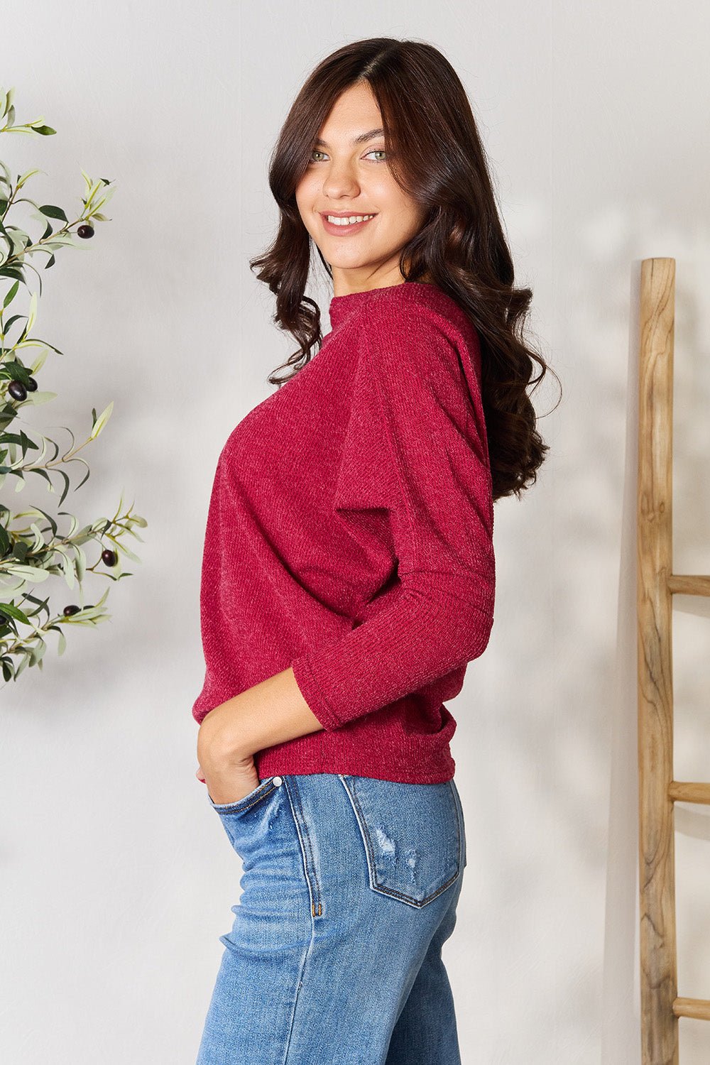 BOMBOM - Drop Shoulder Long Sleeve Blouse in Burgundy