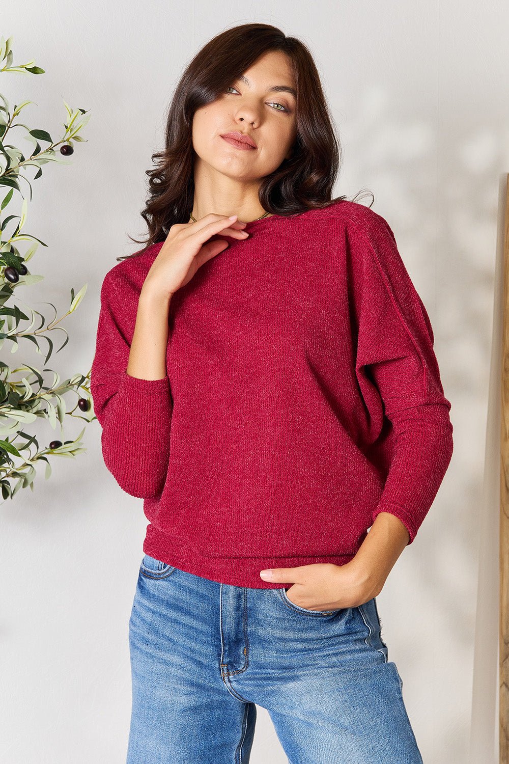 BOMBOM - Drop Shoulder Long Sleeve Blouse in Burgundy