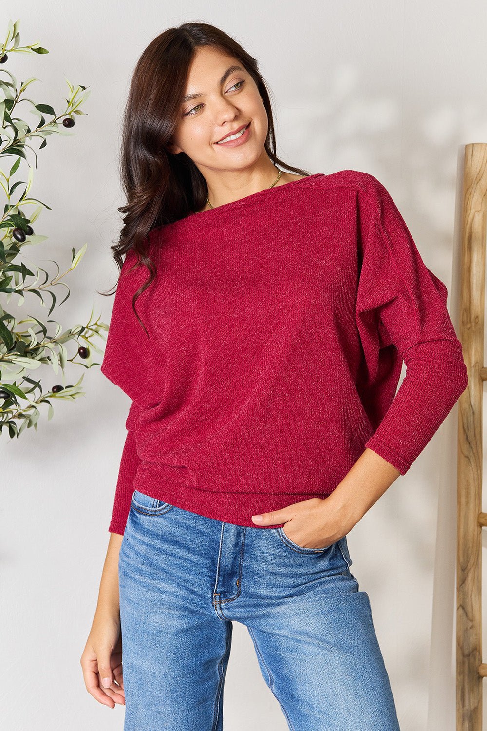 BOMBOM - Drop Shoulder Long Sleeve Blouse in Burgundy