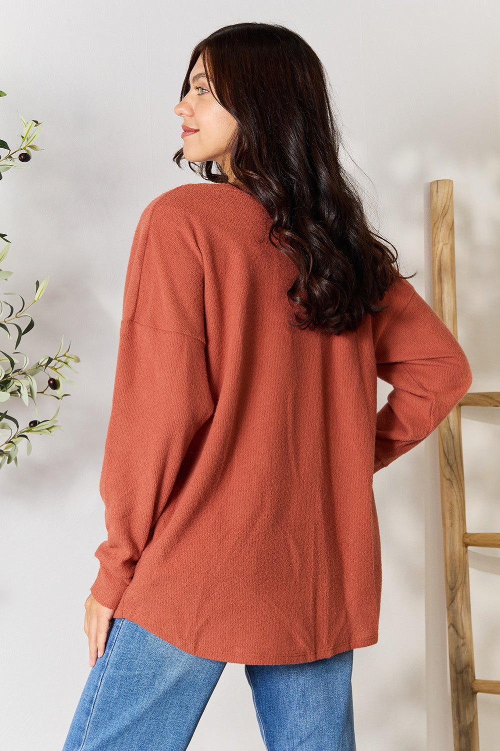 BOMBOM - Drop Shoulder Long Sleeve Blouse with Pockets in Brick