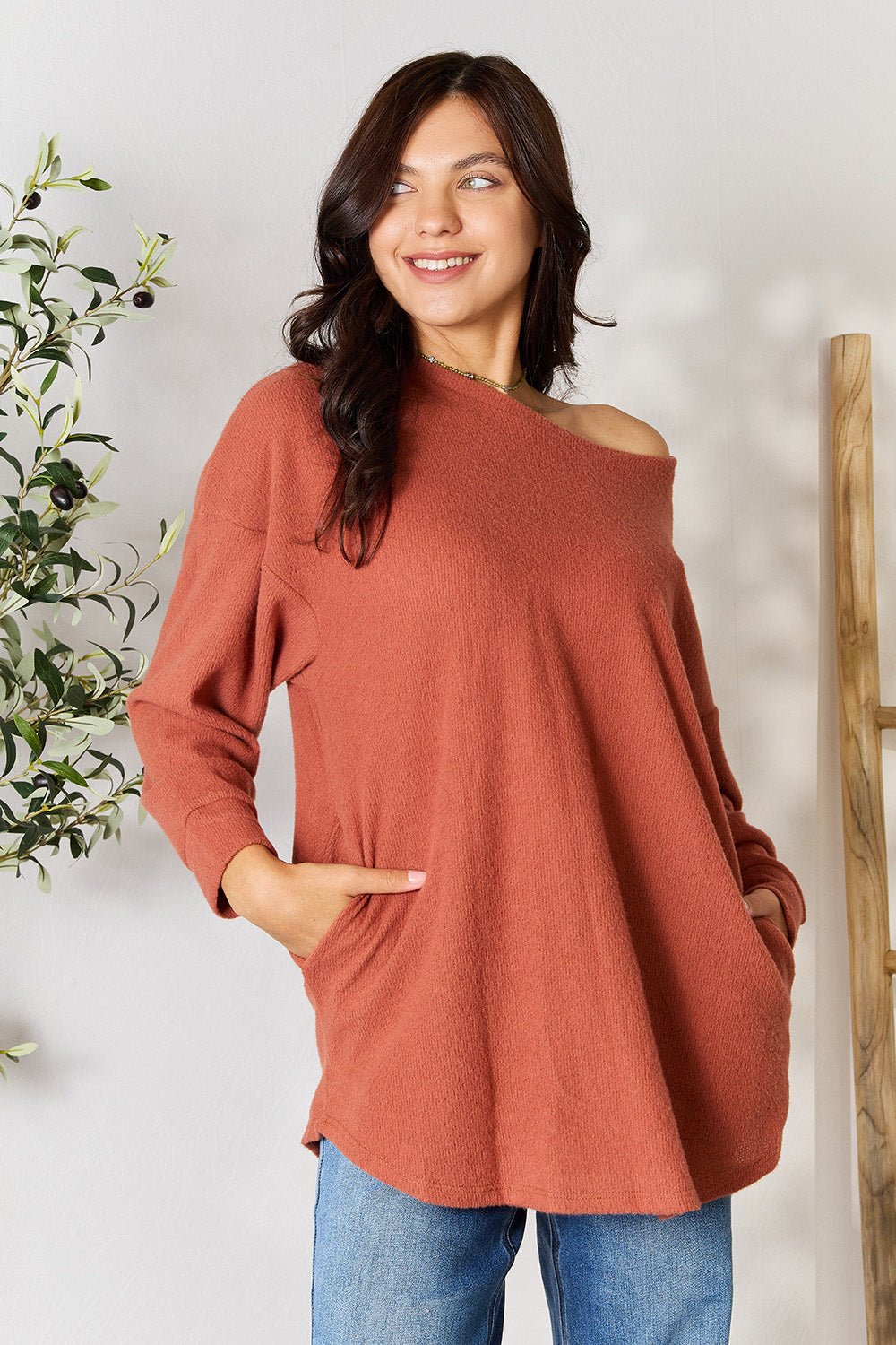 BOMBOM - Drop Shoulder Long Sleeve Blouse with Pockets in Brick