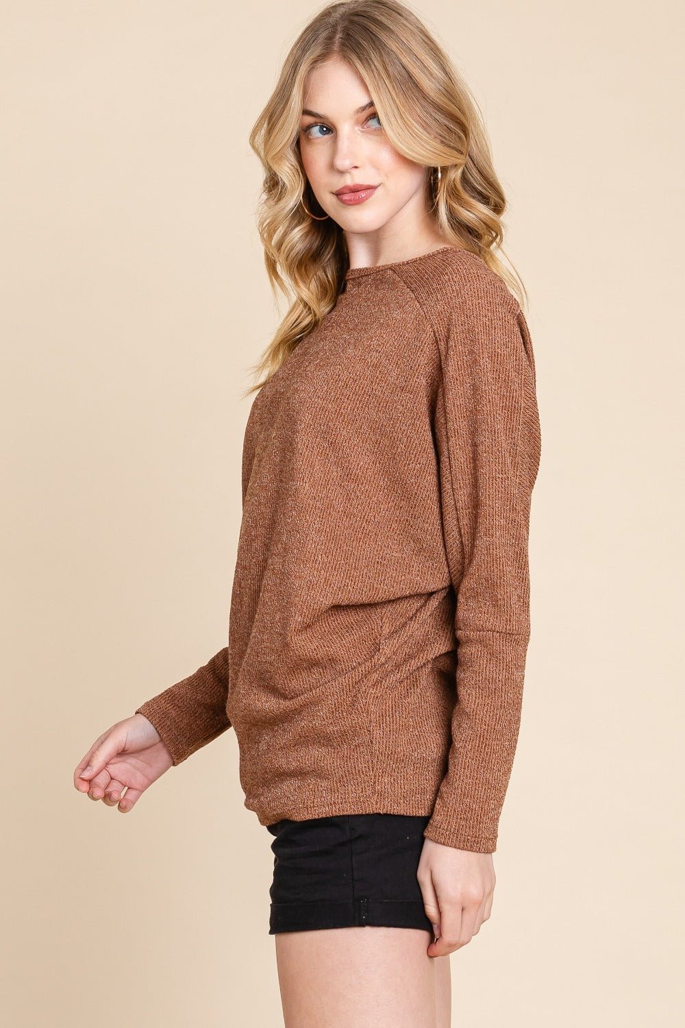 BOMBOM - Drop Shoulder Long Sleeve Knit Top in Camel