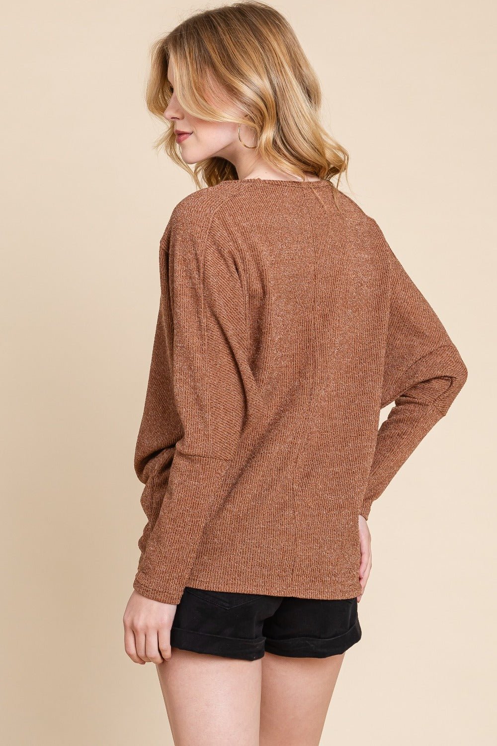 BOMBOM - Drop Shoulder Long Sleeve Knit Top in Camel