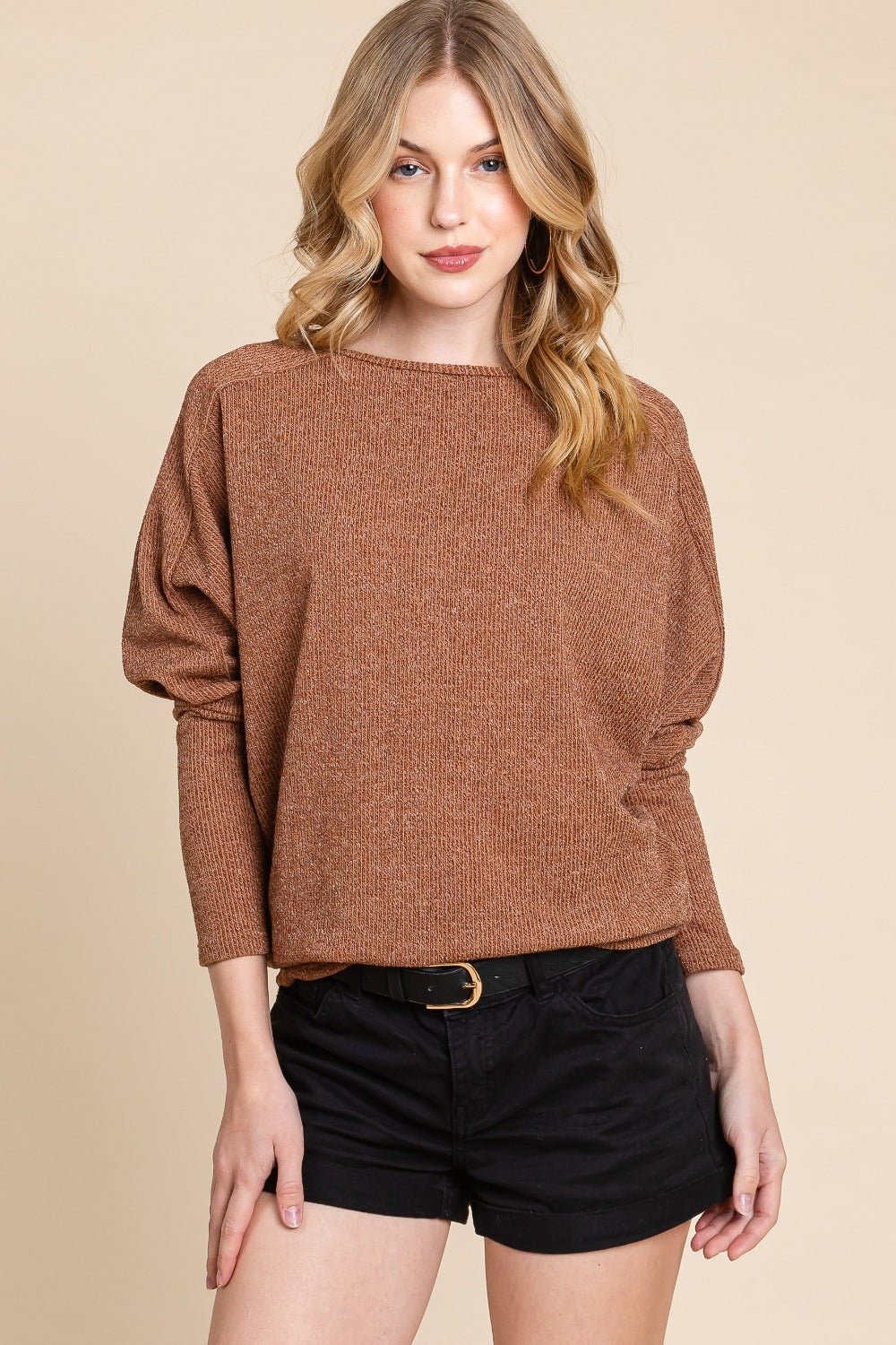 BOMBOM - Drop Shoulder Long Sleeve Knit Top in Camel