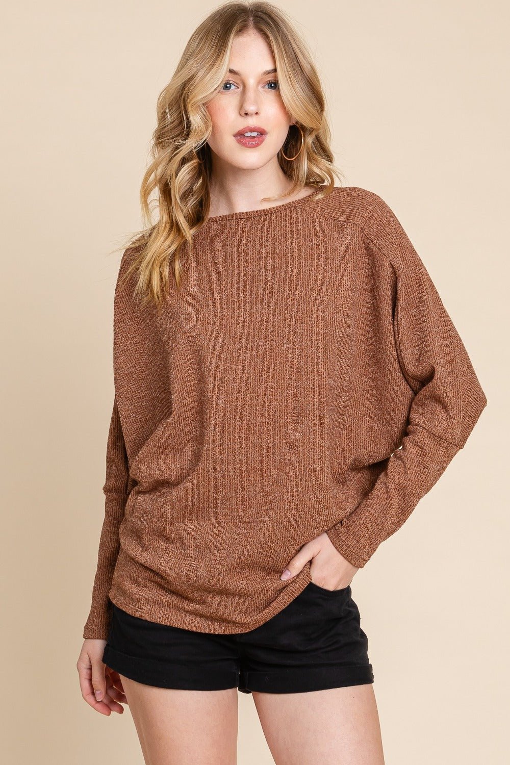 BOMBOM - Drop Shoulder Long Sleeve Knit Top in Camel