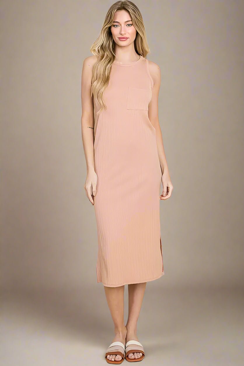 BOMBOM - Dusty Rose Ribbed Midi Tank Dress