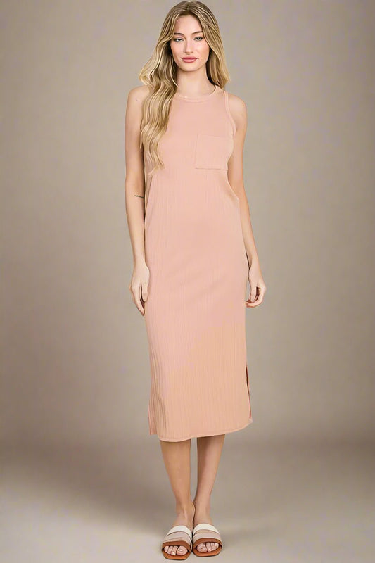 BOMBOM - Dusty Rose Ribbed Midi Tank Dress