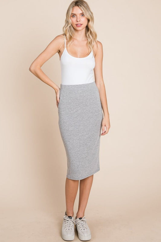 BOMBOM - Elastic Waist Midi Pencil Skirt in Heather Gray