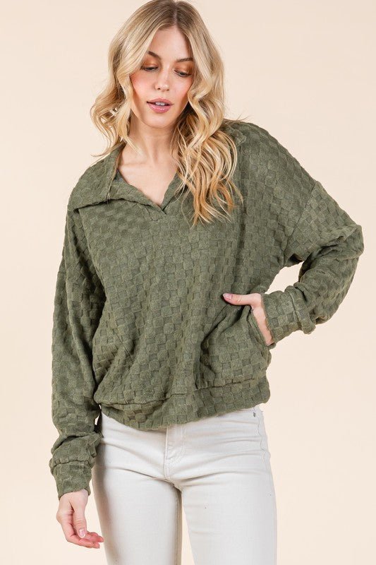 BOMBOM - Fuzzy Sweatshirt with Pockets in Checkered Moss