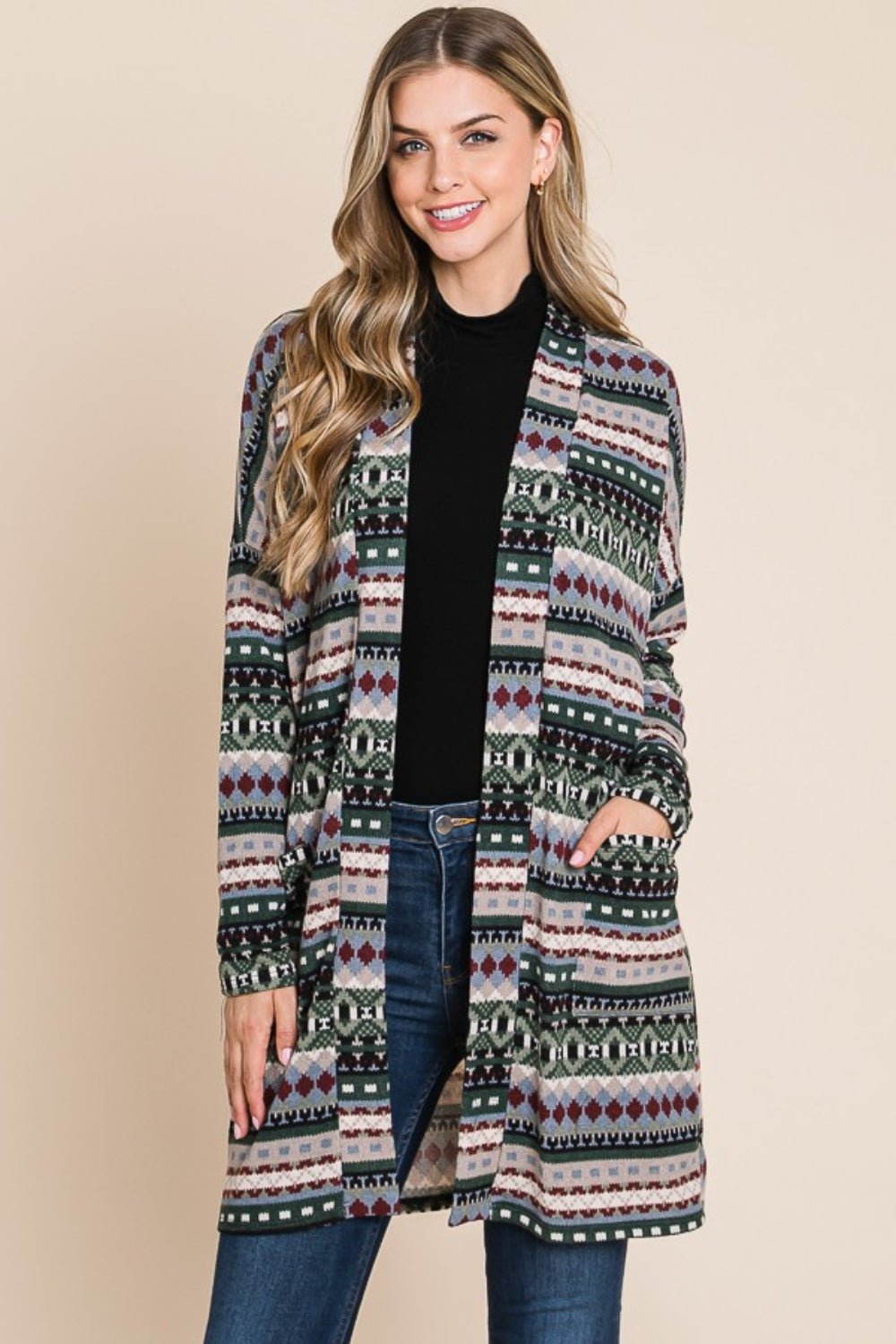 BOMBOM - Geometric Open Front Long Sleeve Cardigan with Pockets in Green