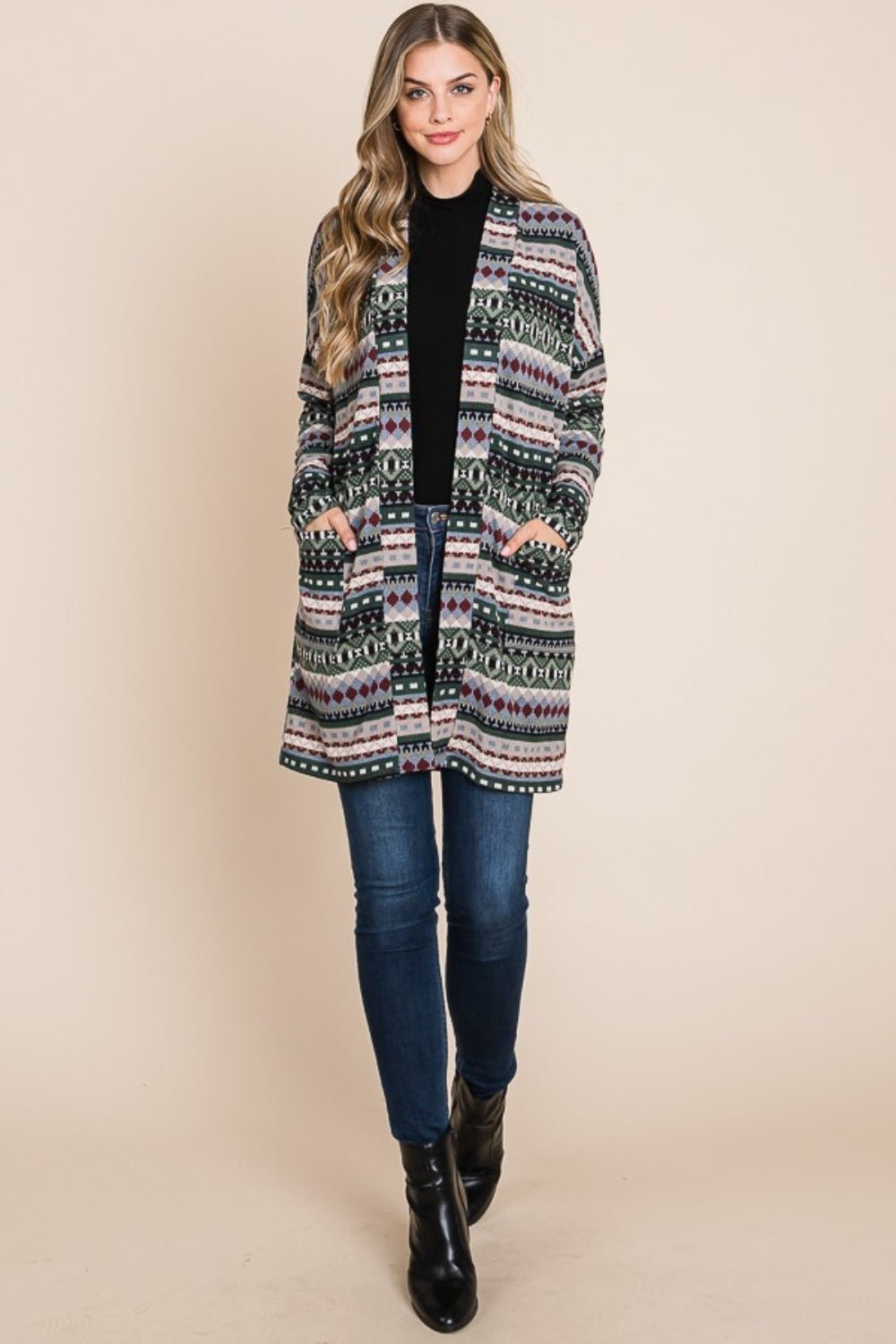 BOMBOM - Geometric Open Front Long Sleeve Cardigan with Pockets in Green