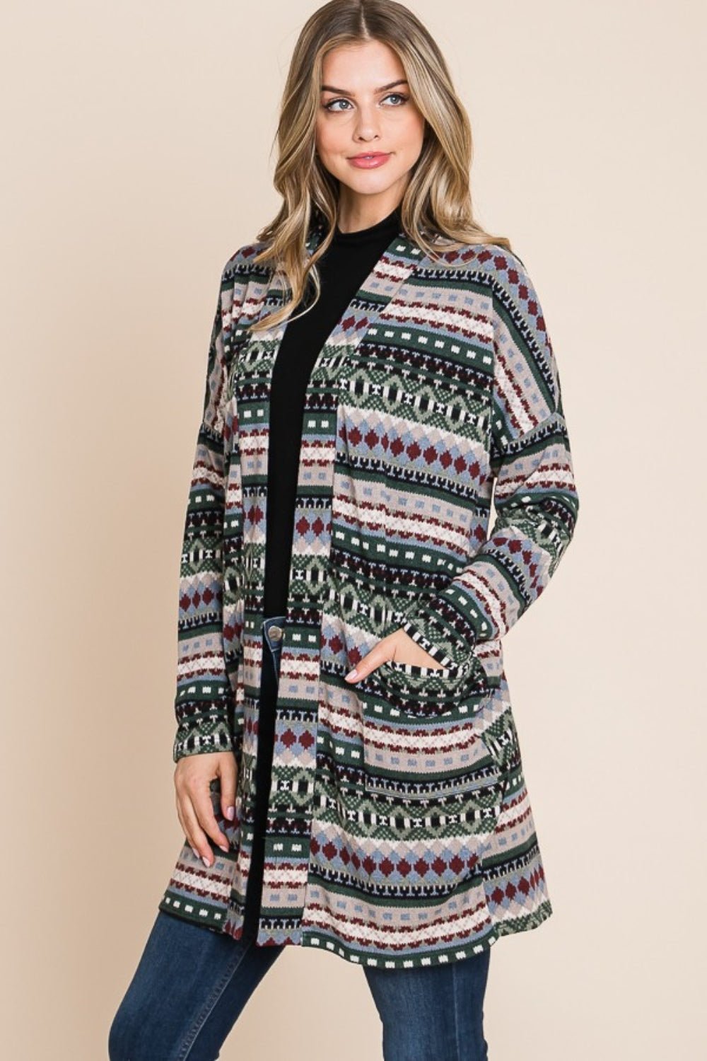 BOMBOM - Geometric Open Front Long Sleeve Cardigan with Pockets in Green