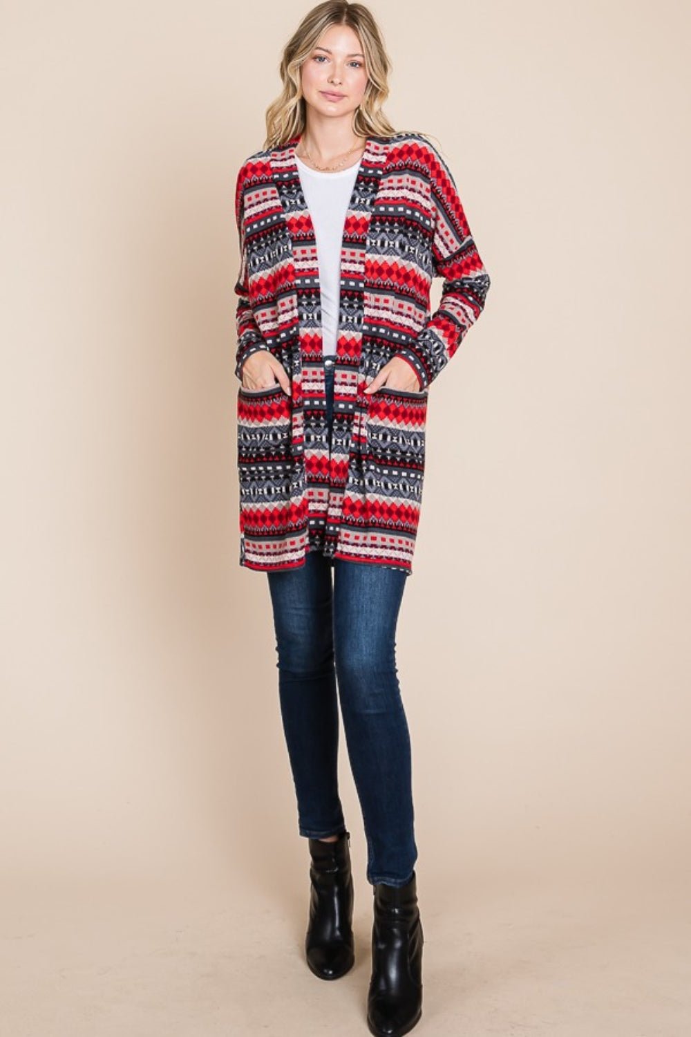 BOMBOM - Geometric Open Front Long Sleeve Cardigan with Pockets in Red