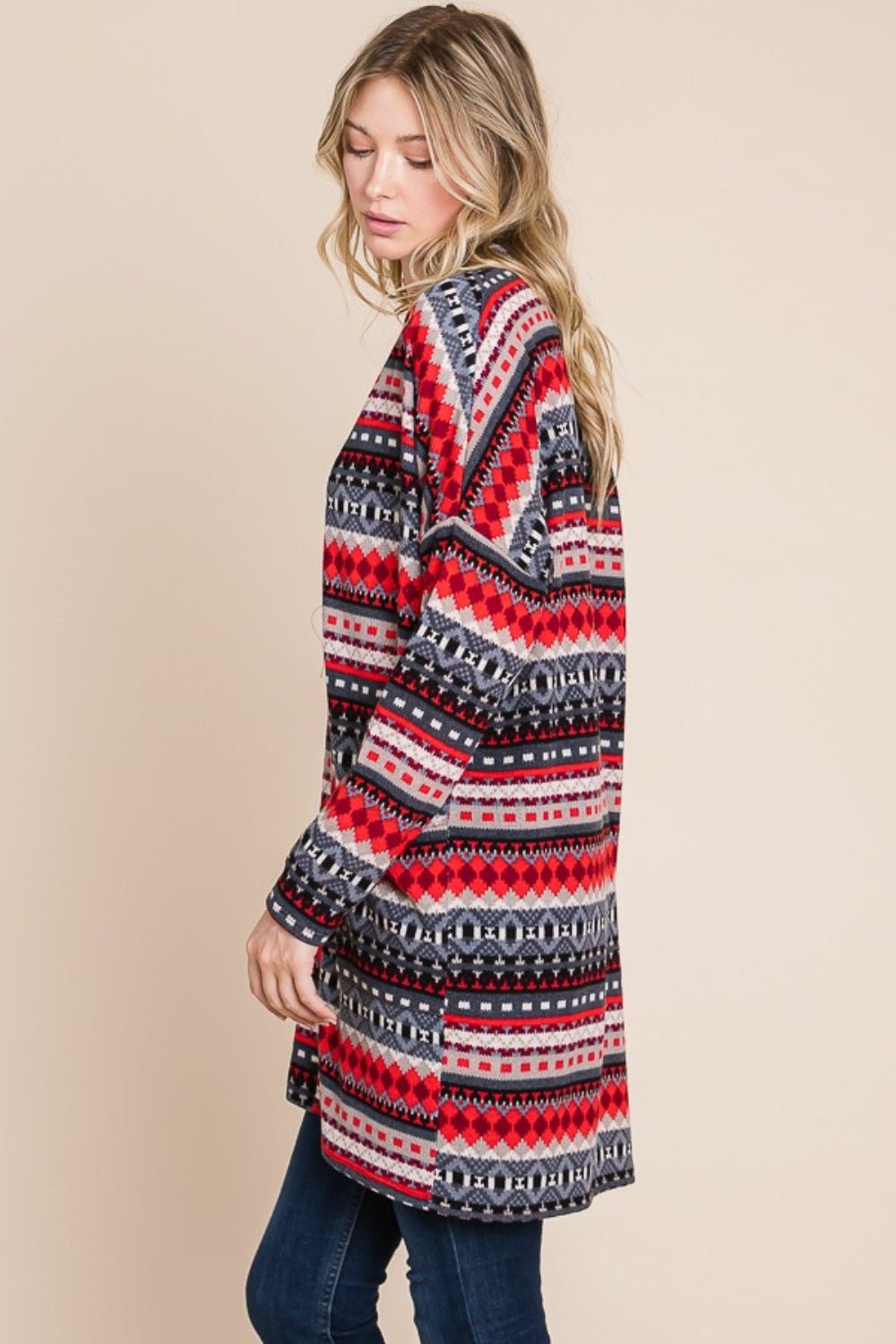 BOMBOM - Geometric Open Front Long Sleeve Cardigan with Pockets in Red