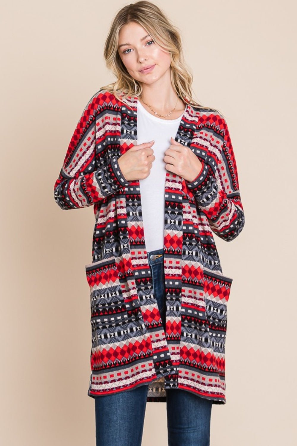 BOMBOM - Geometric Open Front Long Sleeve Cardigan with Pockets in Red