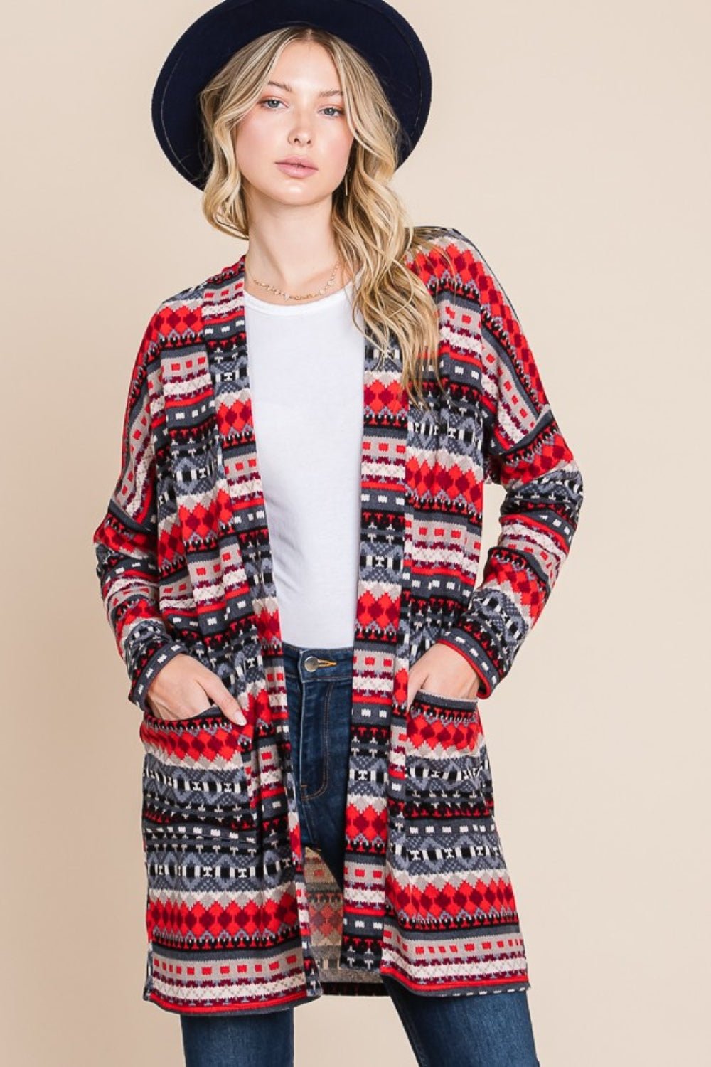 BOMBOM - Geometric Open Front Long Sleeve Cardigan with Pockets in Red