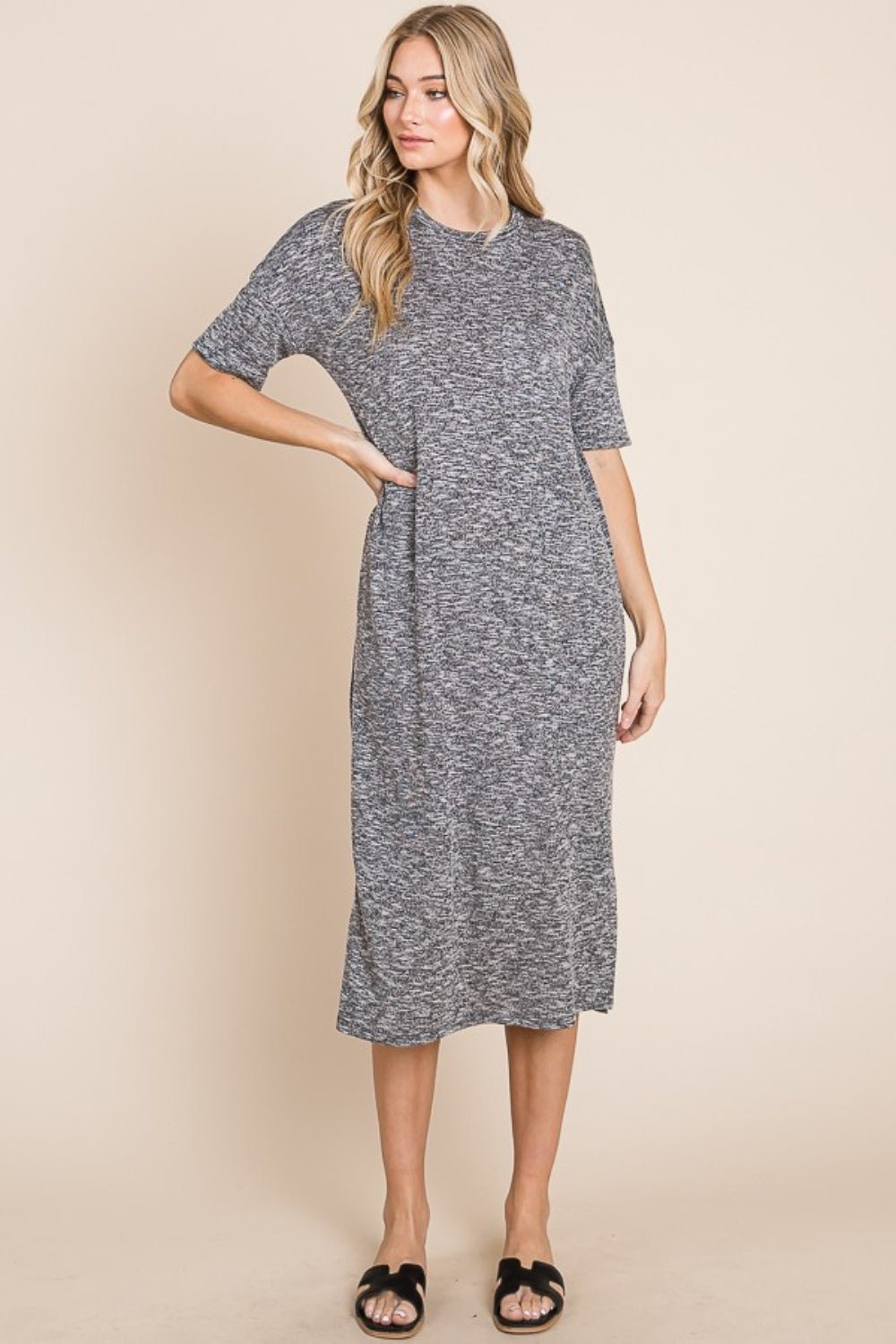 BOMBOM - Half Sleeve Midi Shift Dress in Grey