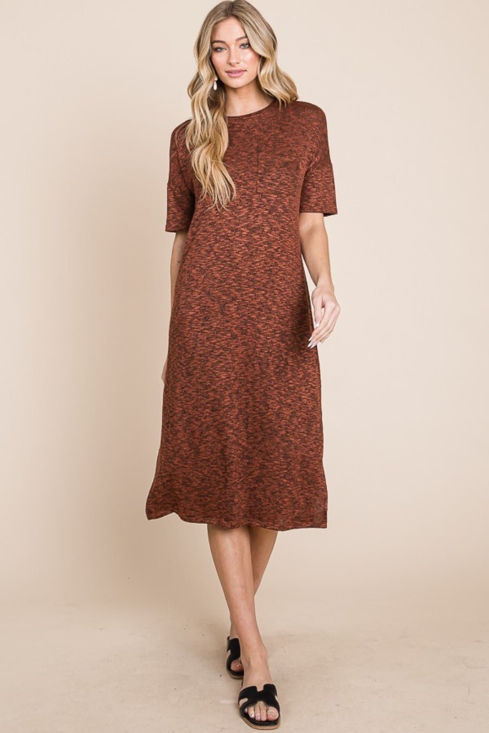 BOMBOM - Half Sleeve Midi Shift Dress in Rust