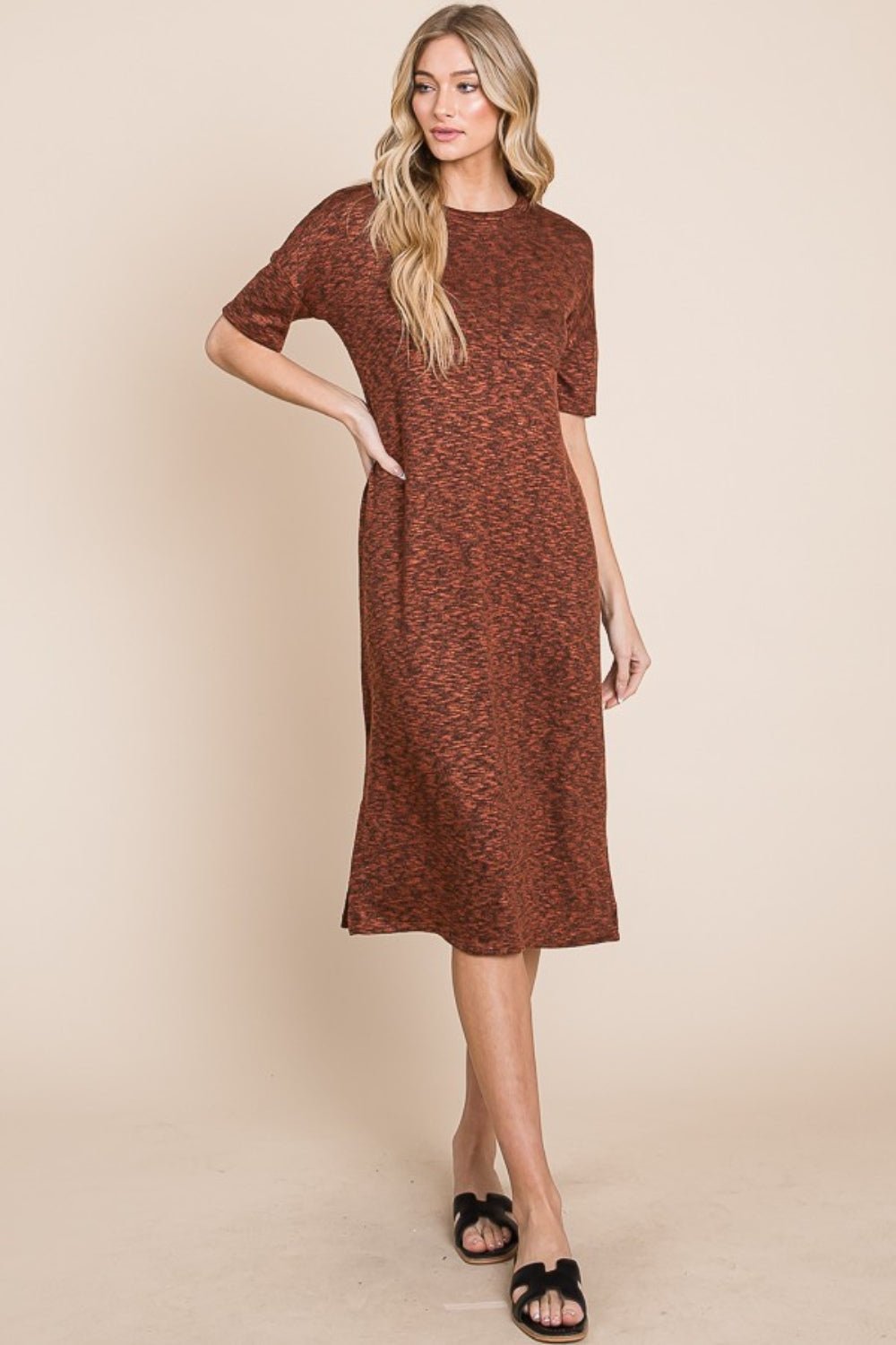 BOMBOM - Half Sleeve Midi Shift Dress in Rust