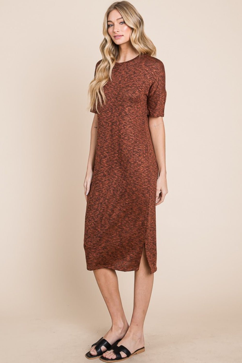 BOMBOM - Half Sleeve Midi Shift Dress in Rust