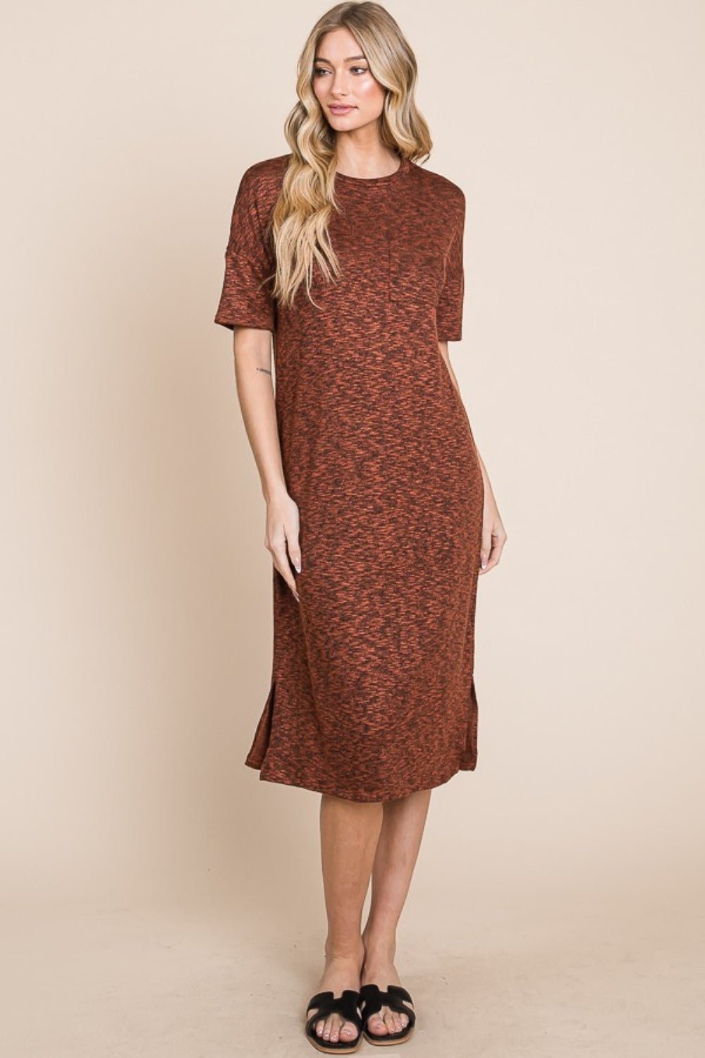 BOMBOM - Half Sleeve Midi Shift Dress in Rust