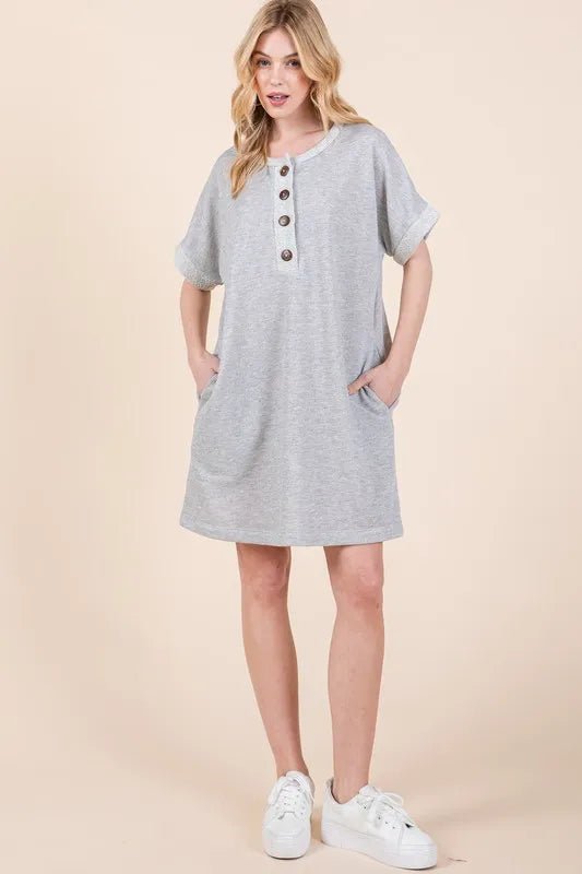 BOMBOM - Heather Gray Button - Front Mini Dress
