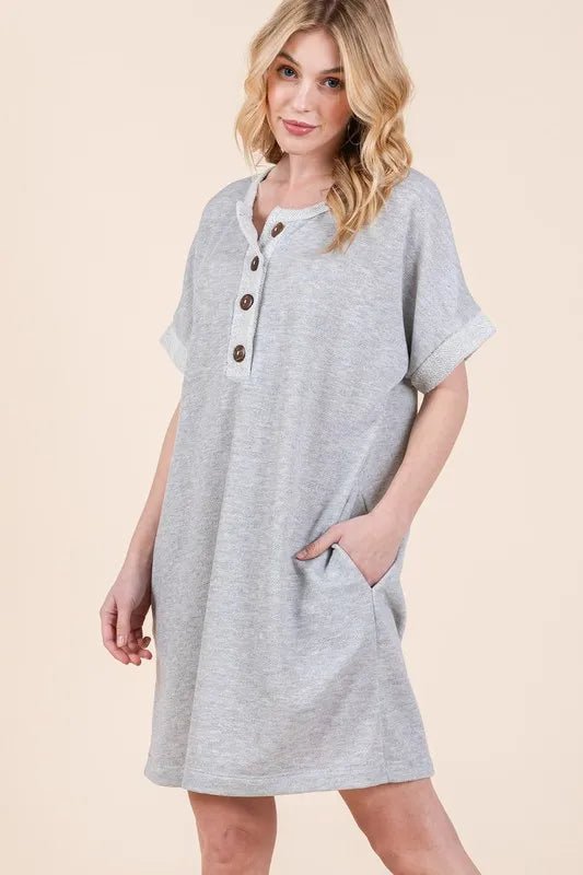 BOMBOM - Heather Gray Button - Front Mini Dress