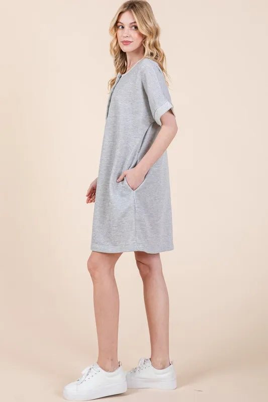 BOMBOM - Heather Gray Button - Front Mini Dress