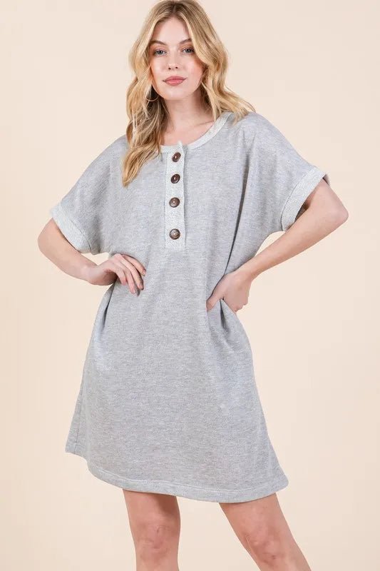BOMBOM - Heather Gray Button - Front Mini Dress