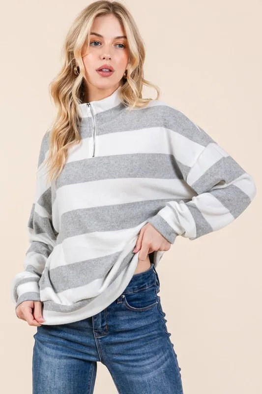 BOMBOM - Heather Gray Stripe Quarter - Zip Pullover Sweatshirt